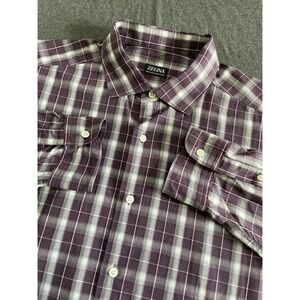 Zegna Centoquaranta Shirt Mens XXL Purple Plaid Twill Cotton